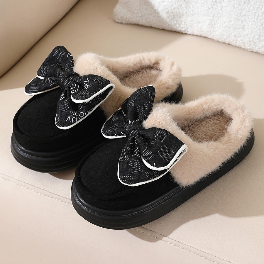 Pantoufles à effet pelucheux pour femmes avec nœud décoratif - Mairene