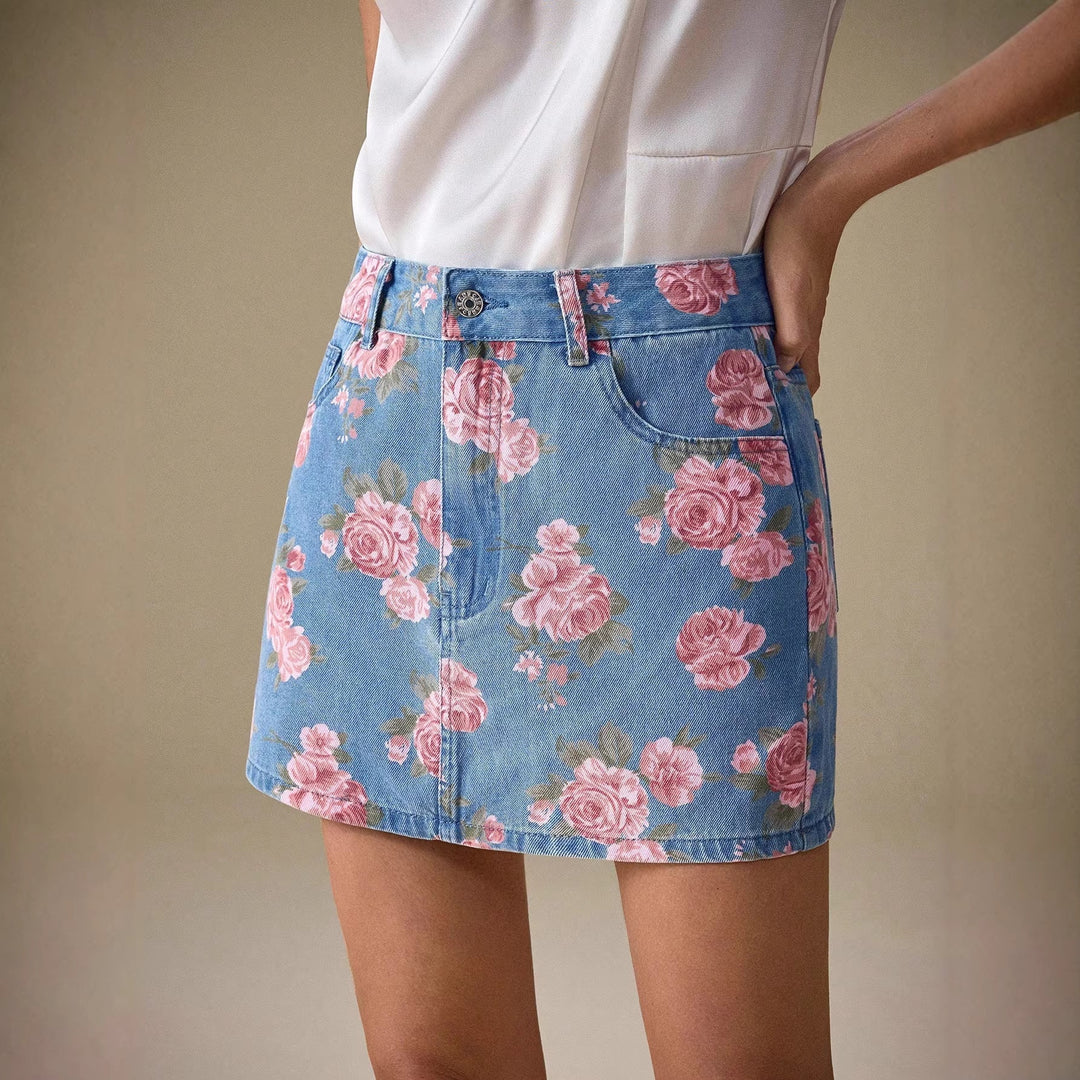 Jupe en denim à imprimé floral et coupe droite pour femmes - Letty
