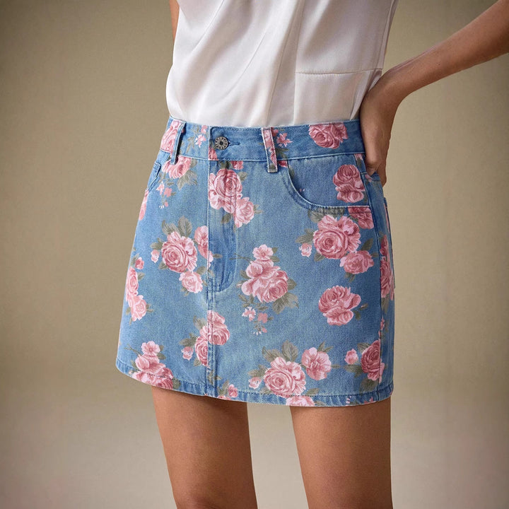 Jupe en denim à imprimé floral et coupe droite pour femmes - Letty