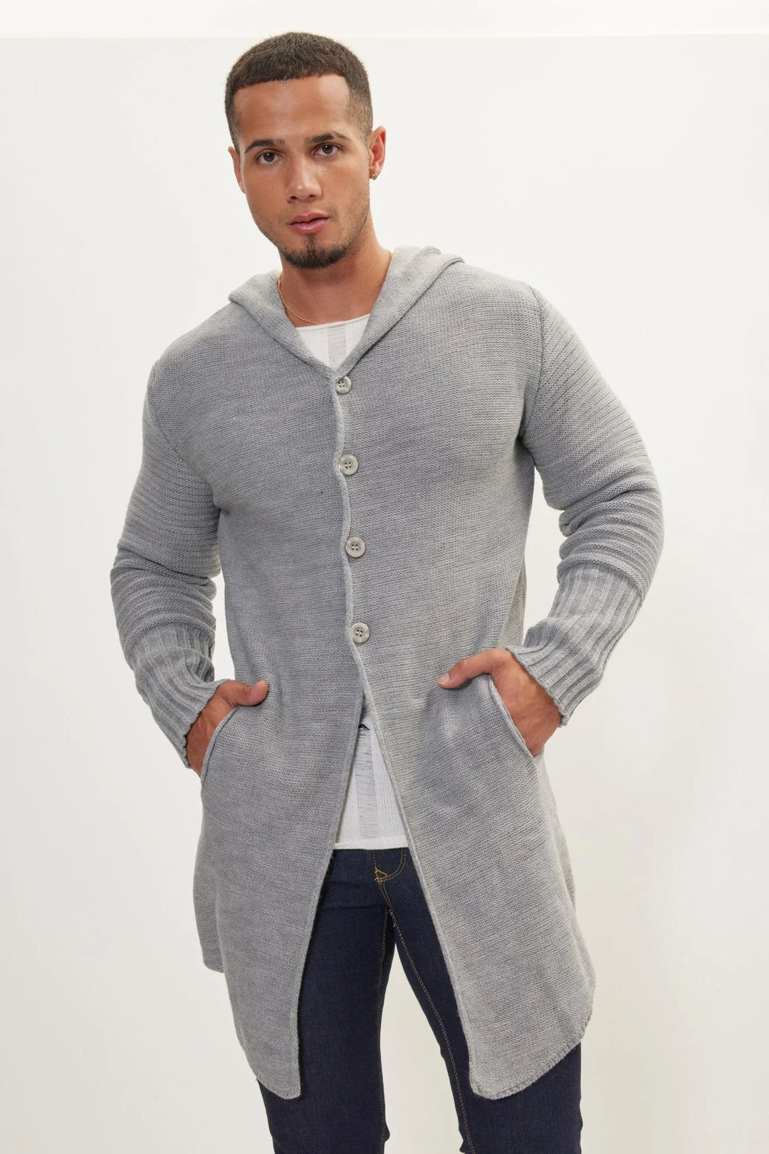 Long cardigan en maille à capuche et boutons - Baptiste
