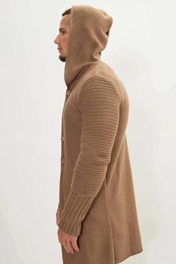 Long cardigan en maille à capuche et boutons - Baptiste