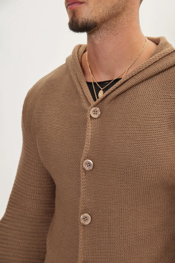 Long cardigan en maille à capuche et boutons - Baptiste