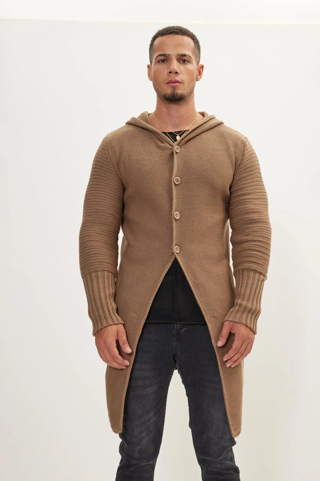 Long cardigan en maille à capuche et boutons - Baptiste