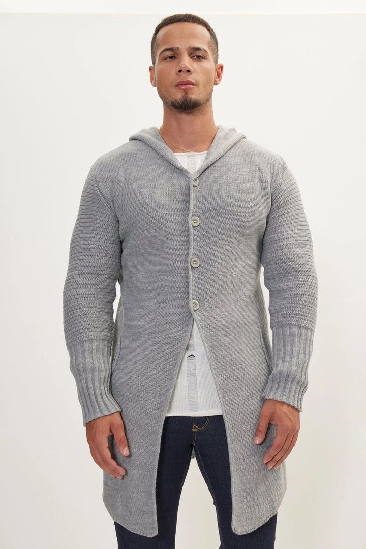 Long cardigan en maille à capuche et boutons - Baptiste