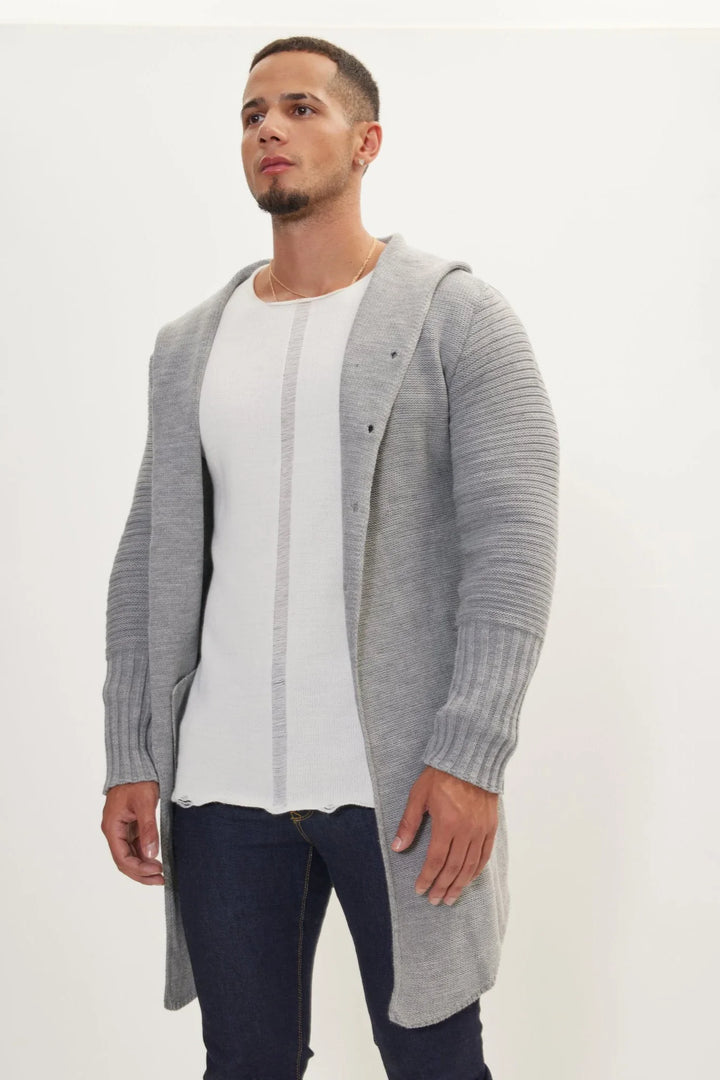 Long cardigan en maille à capuche et boutons - Baptiste