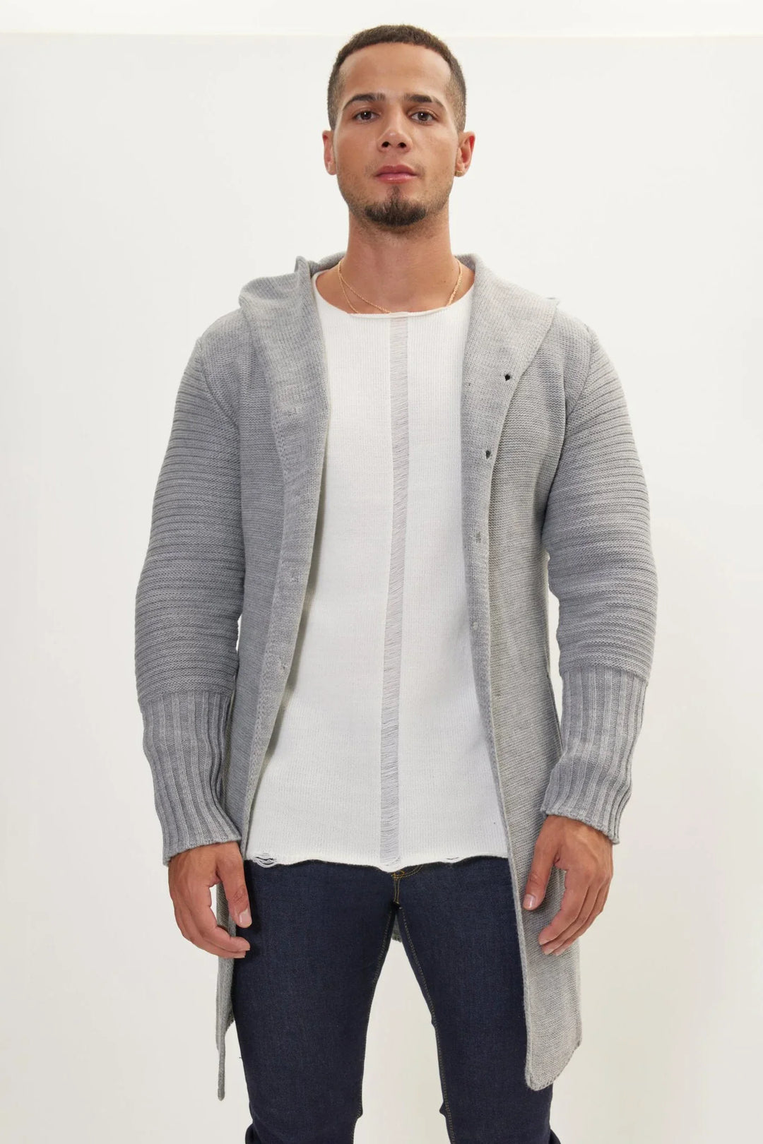 Long cardigan en maille à capuche et boutons - Baptiste