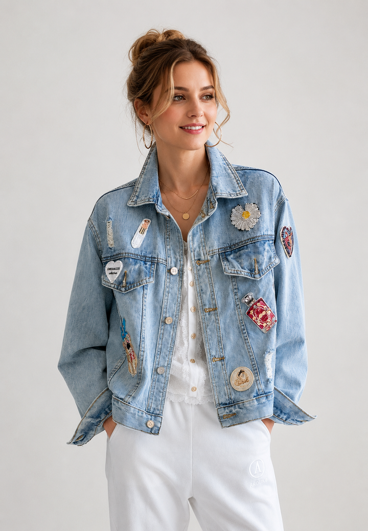 Veste en jean courte pour femme avec empiècements et effet délavé - Odette