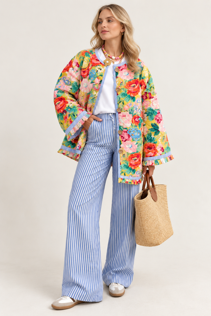 Veste fleurie femme évasée à matelassage en losanges et volants - Clotilde