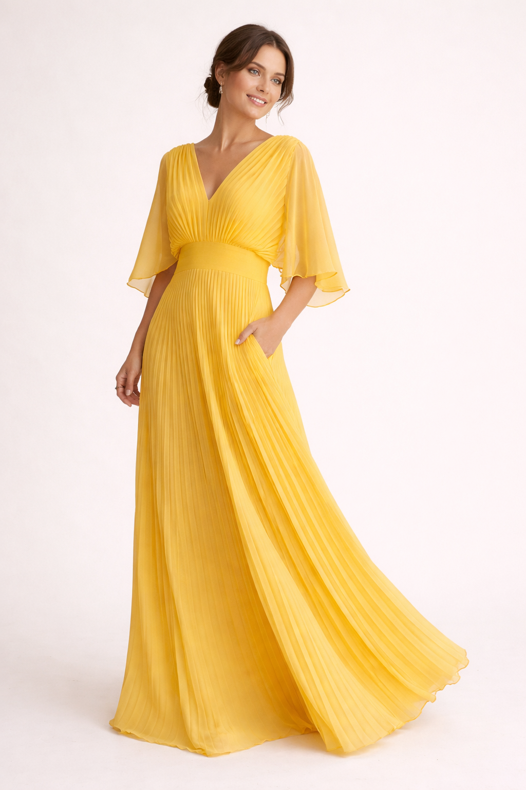 Robe longue plissée à manches courtes et élégante encolure en V pour femme - Norevia