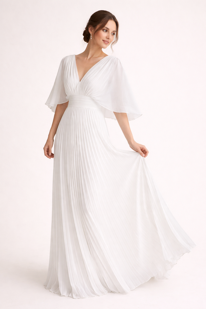 Robe longue plissée à manches courtes et élégante encolure en V pour femme - Norevia