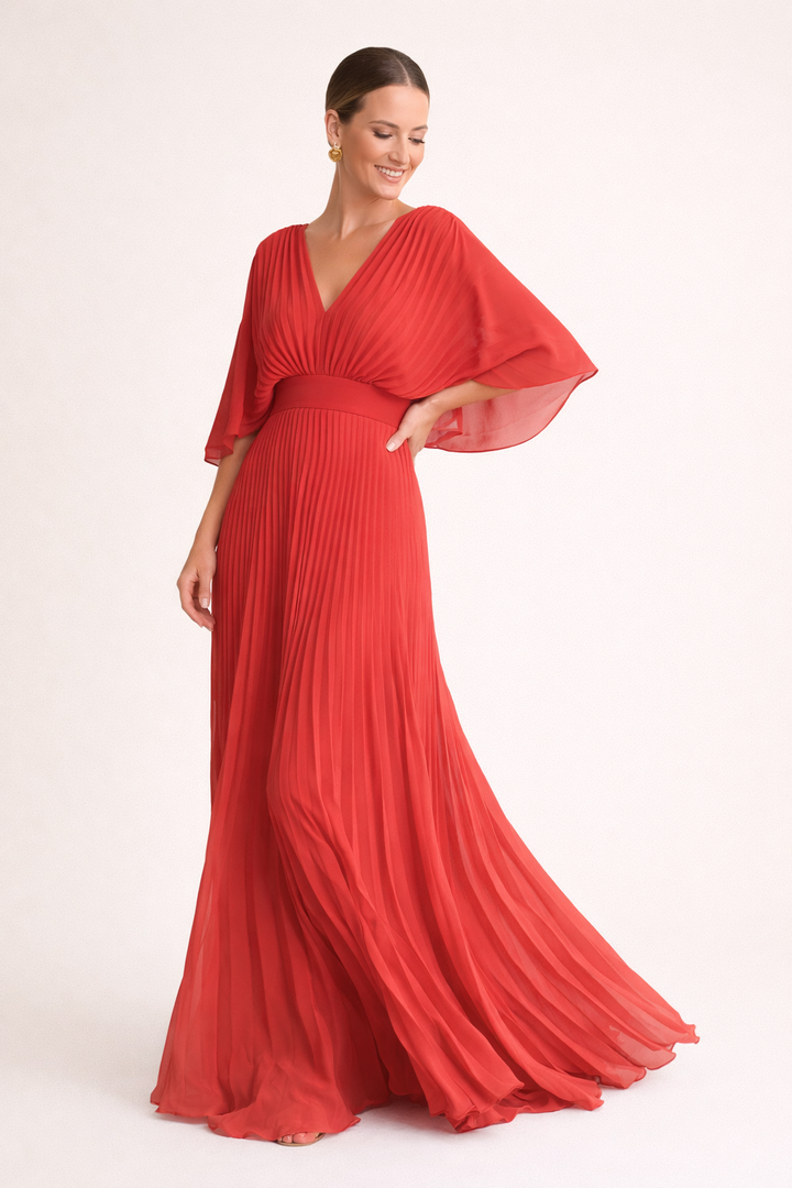 Robe longue plissée à manches courtes et élégante encolure en V pour femme - Norevia