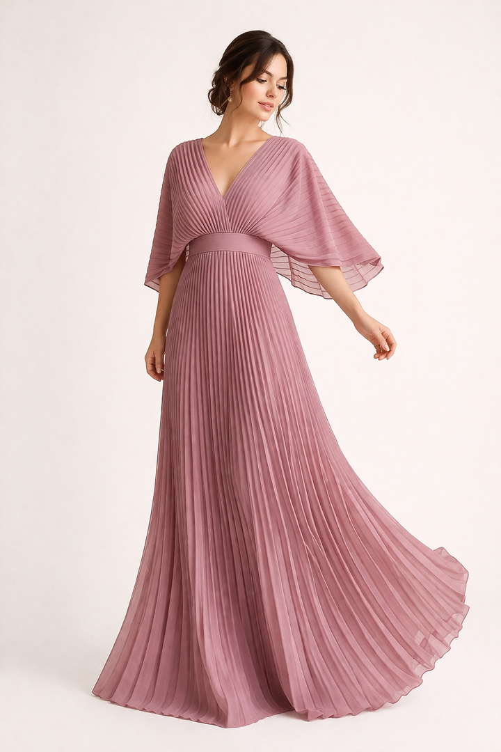 Robe longue plissée à manches courtes et élégante encolure en V pour femme - Norevia