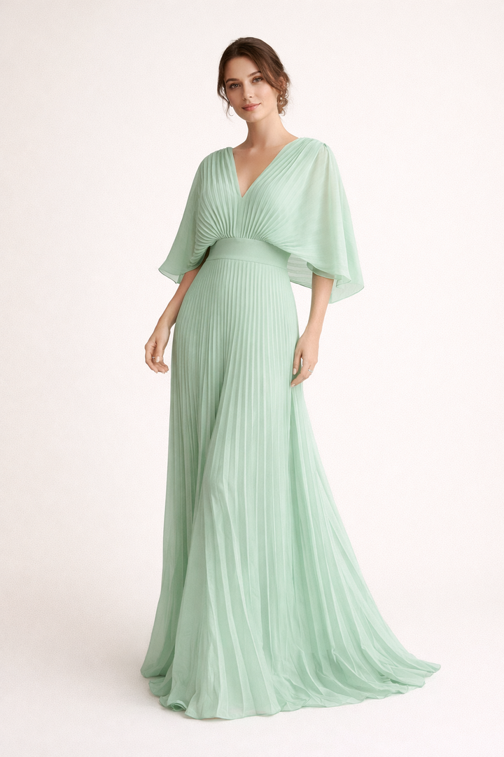 Robe longue plissée à manches courtes et élégante encolure en V pour femme - Norevia