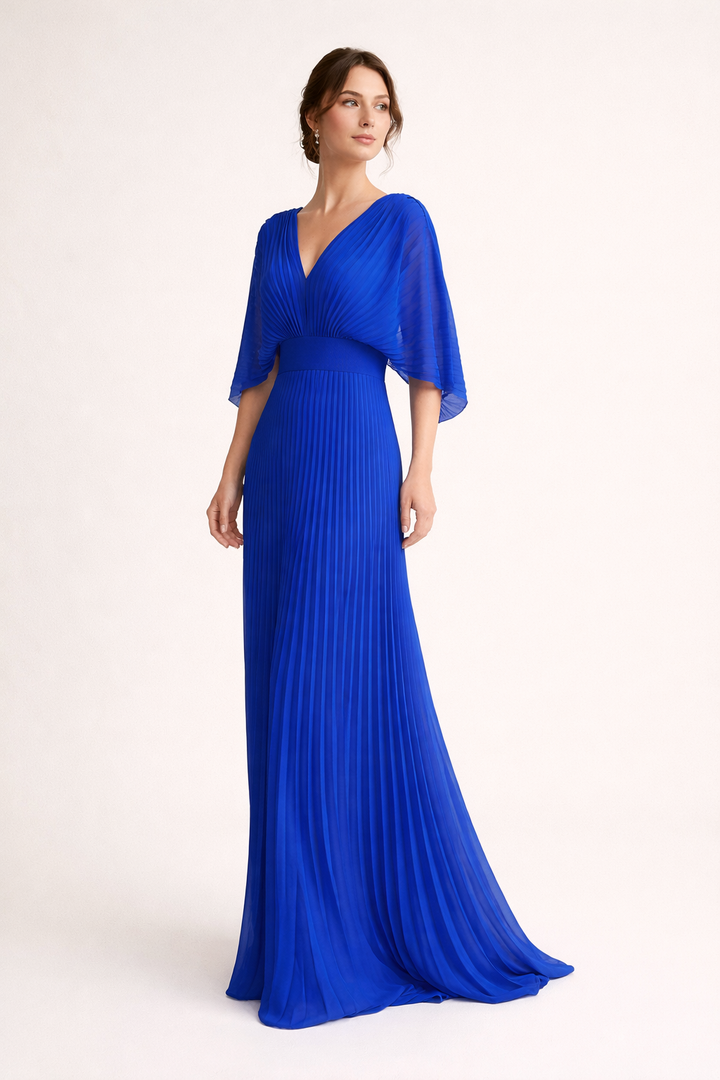 Robe longue plissée à manches courtes et élégante encolure en V pour femme - Norevia