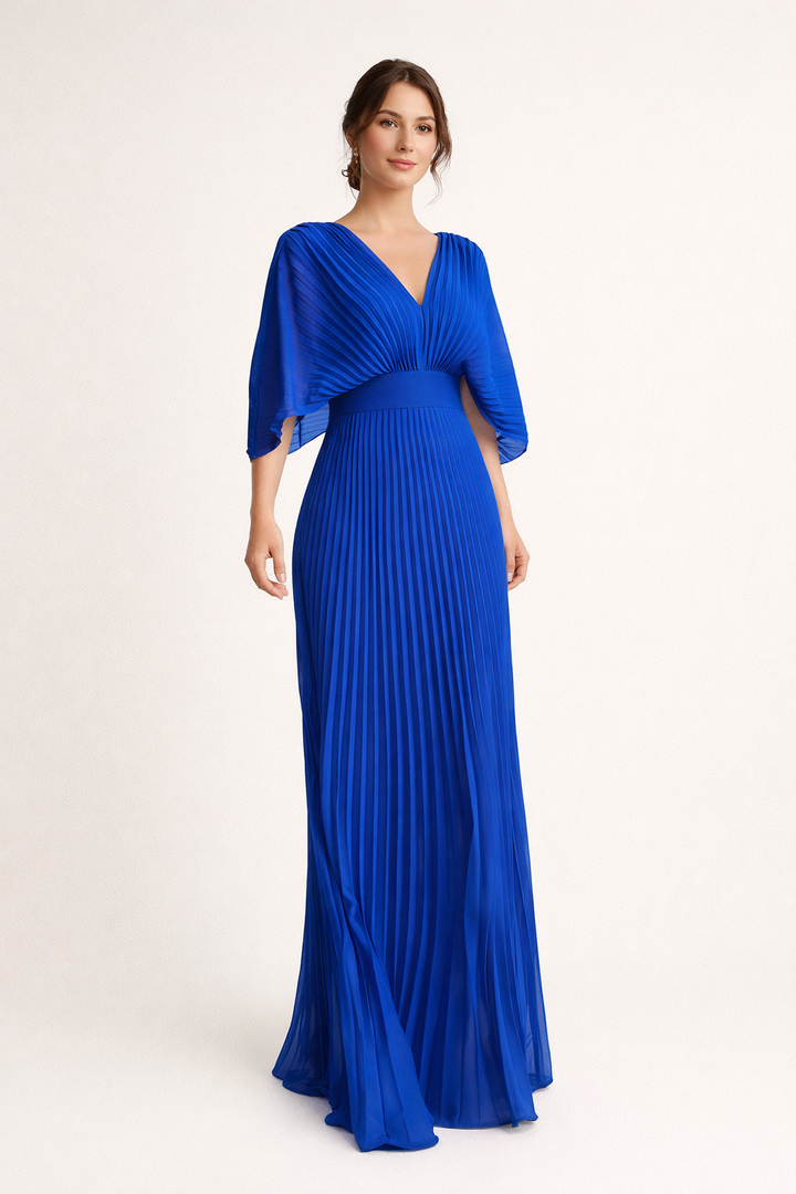 Robe longue plissée à manches courtes et élégante encolure en V pour femme - Norevia