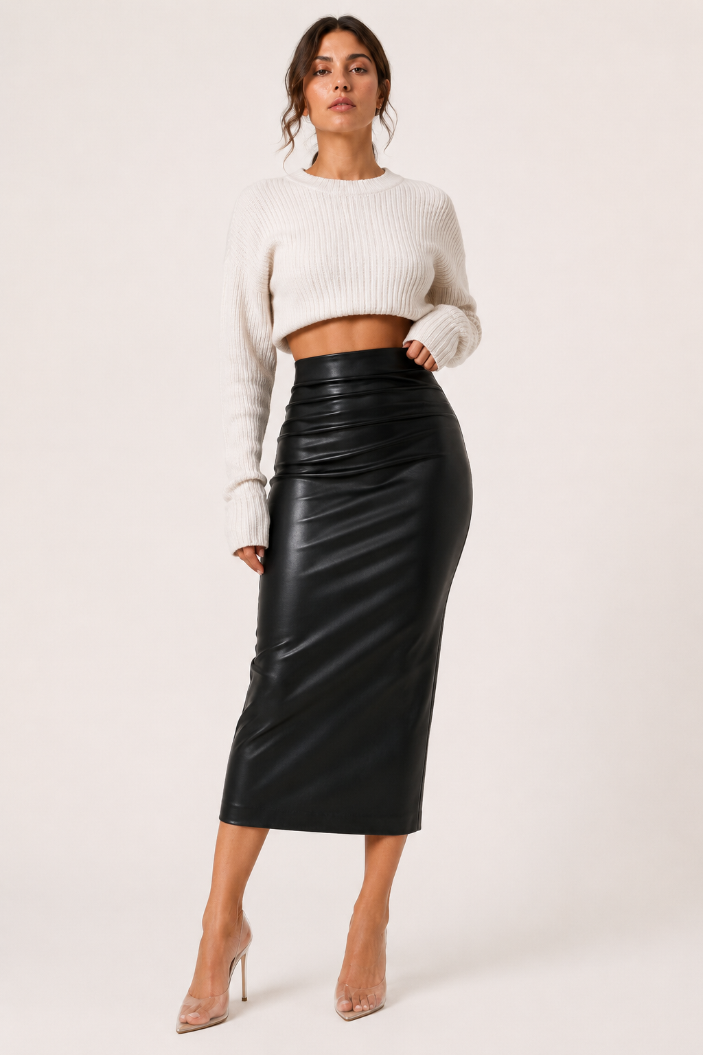 Jupe midi pour femme en PU à taille haute et fronces - Siglinde