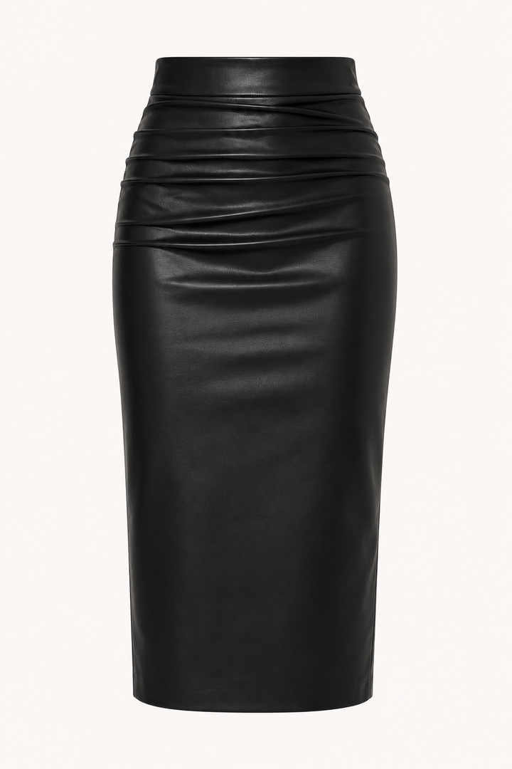 Jupe midi pour femme en PU à taille haute et fronces - Siglinde