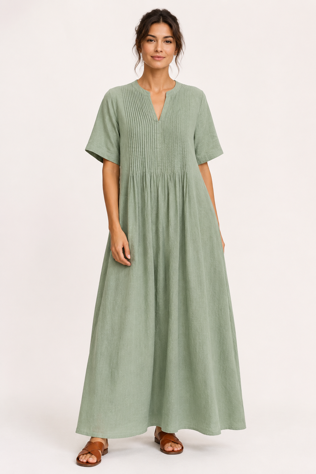 Robe longue pour femme, décolleté en V, manches courtes, plissée et avec poches - Eilika