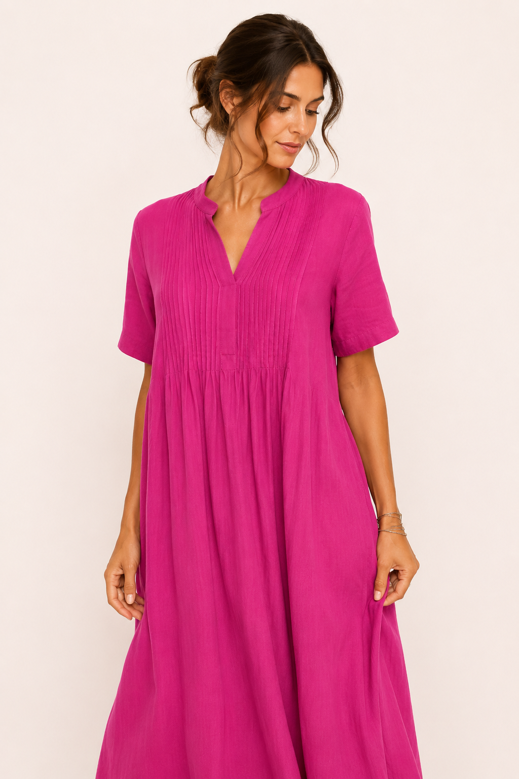 Robe longue pour femme, décolleté en V, manches courtes, plissée et avec poches - Eilika