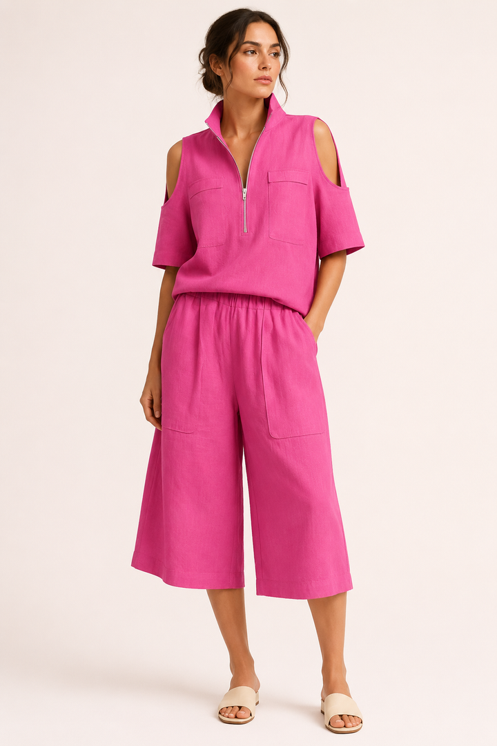 Ensemble pour femme composé d'un chemisier à épaules dénudées et d'un pantalon large - Irmela