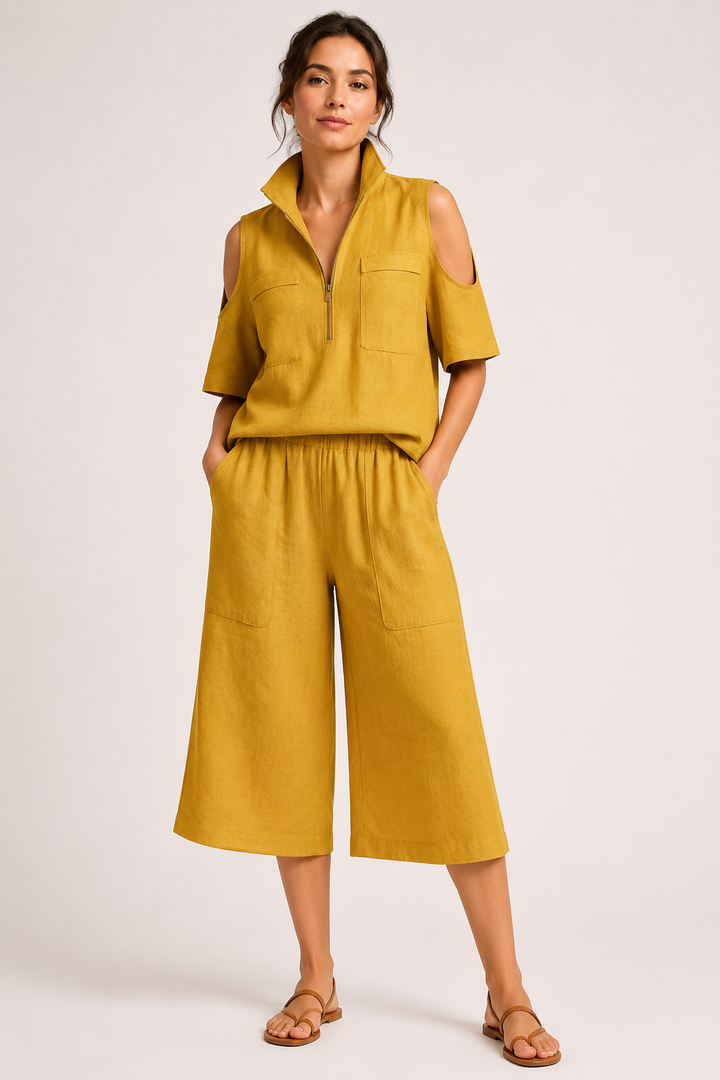Ensemble pour femme composé d'un chemisier à épaules dénudées et d'un pantalon large - Irmela