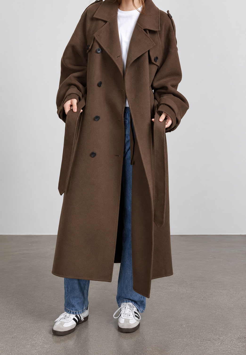 Manteau long pour femme, double boutonnage, avec ceinture - Apolline