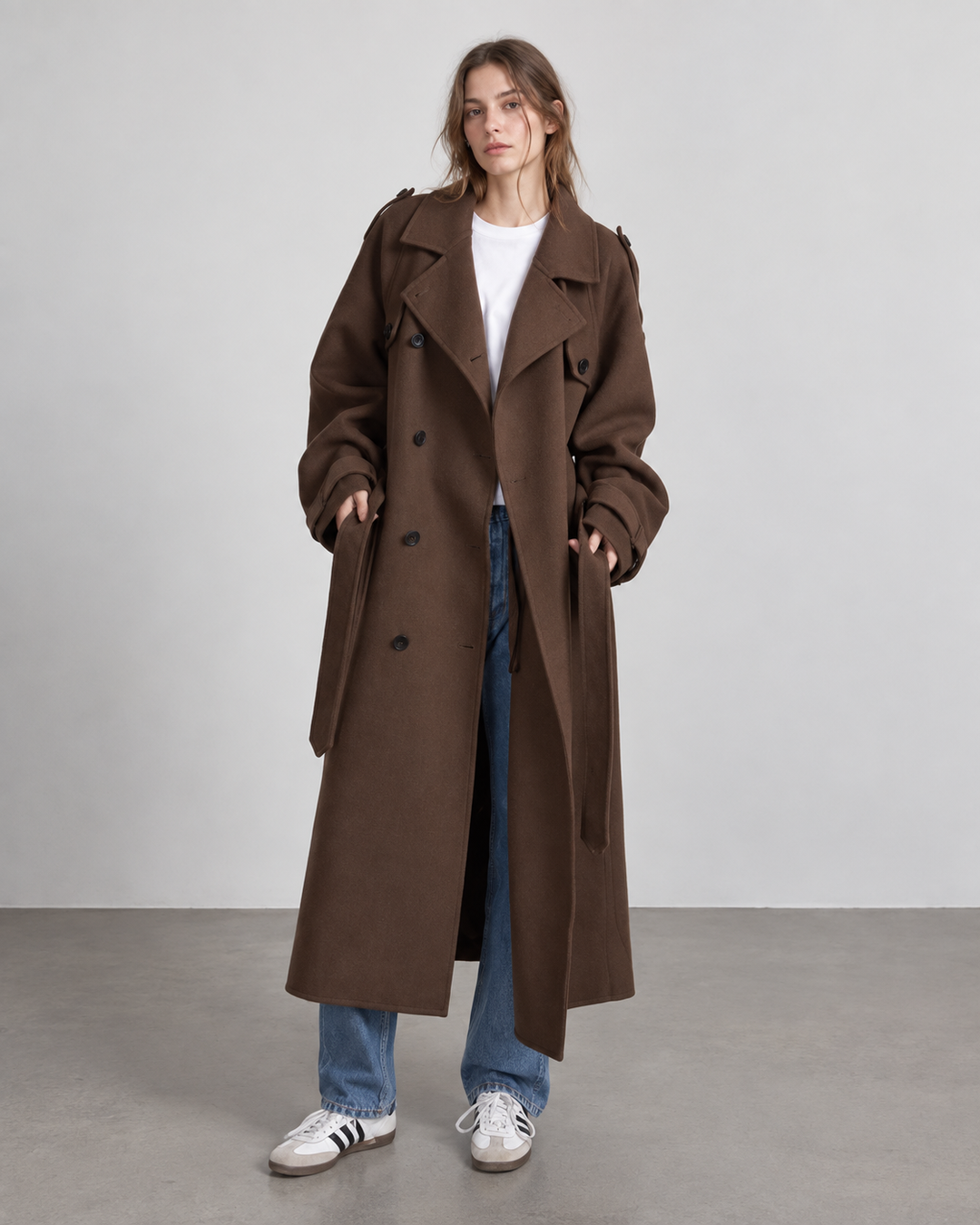 Manteau long pour femme, double boutonnage, avec ceinture - Apolline
