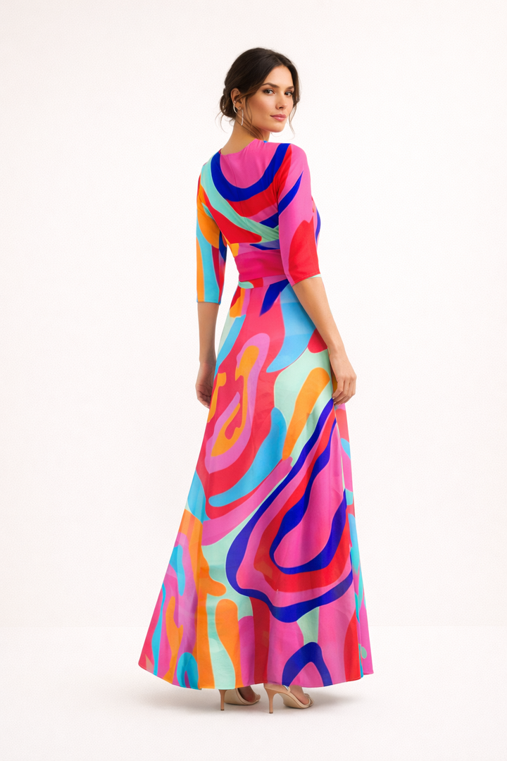 Robe longue imprimée décontractée à manches trois-quarts Décolleté en V - Belvara