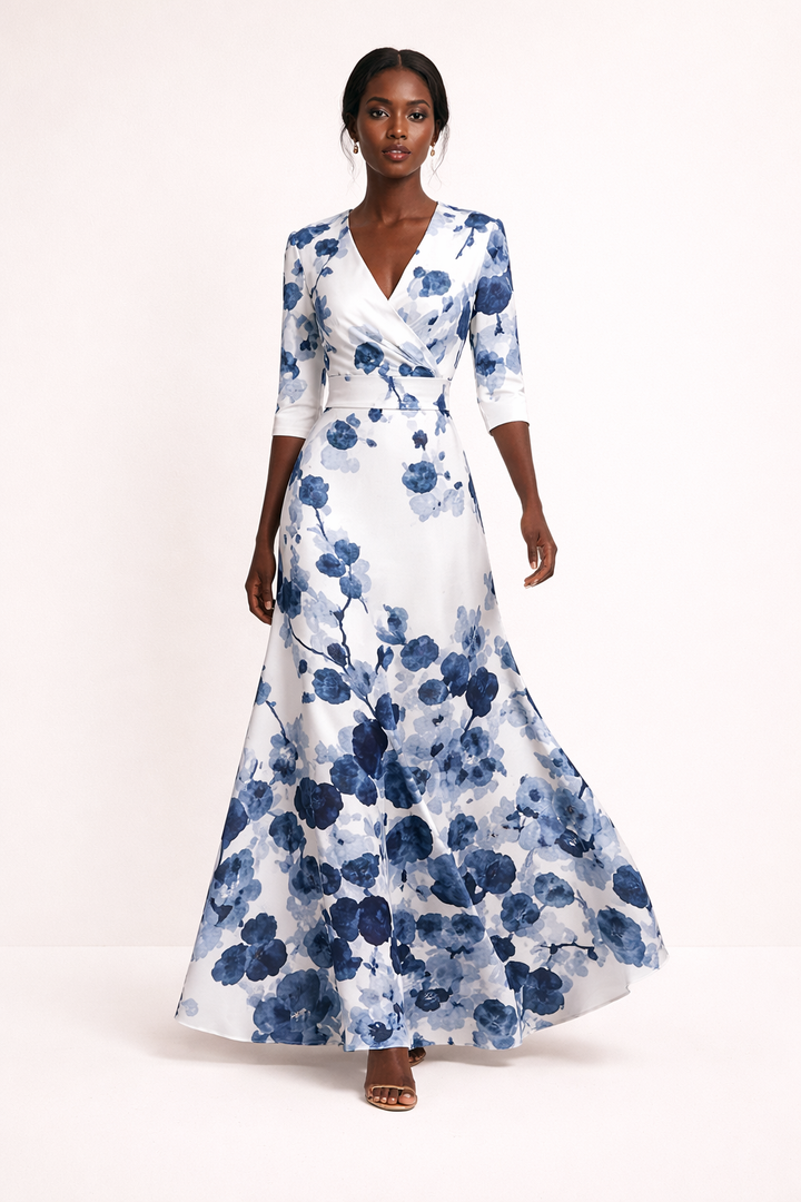 Robe longue imprimée décontractée à manches trois-quarts Décolleté en V - Belvara