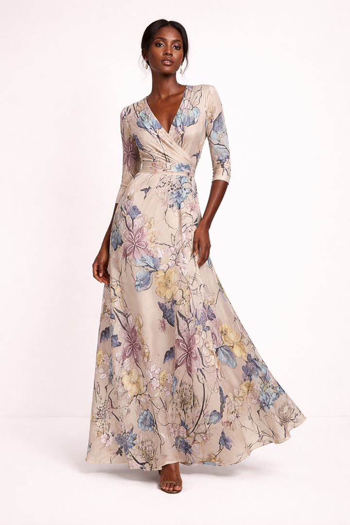 Robe longue imprimée décontractée à manches trois-quarts Décolleté en V - Belvara