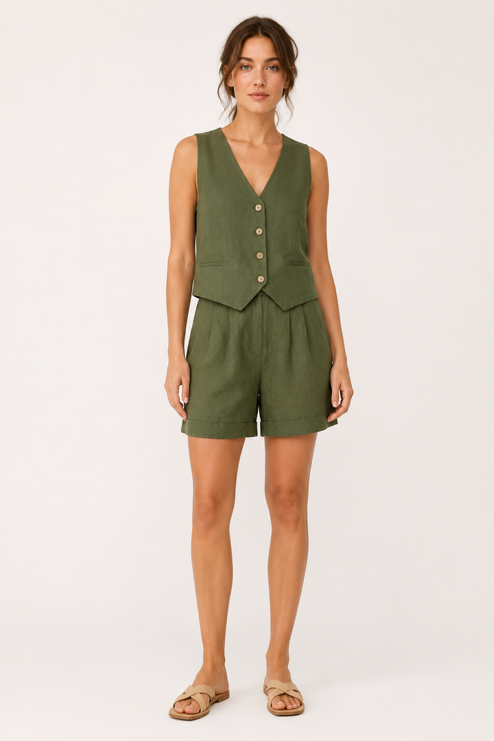 Ensemble gilet et short pour femme en lin et coton - Rita