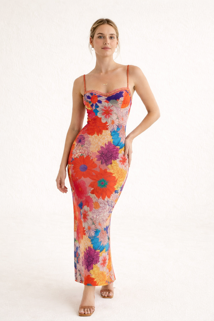 Robe longue à imprimé floral et bretelles fines - Lirenne