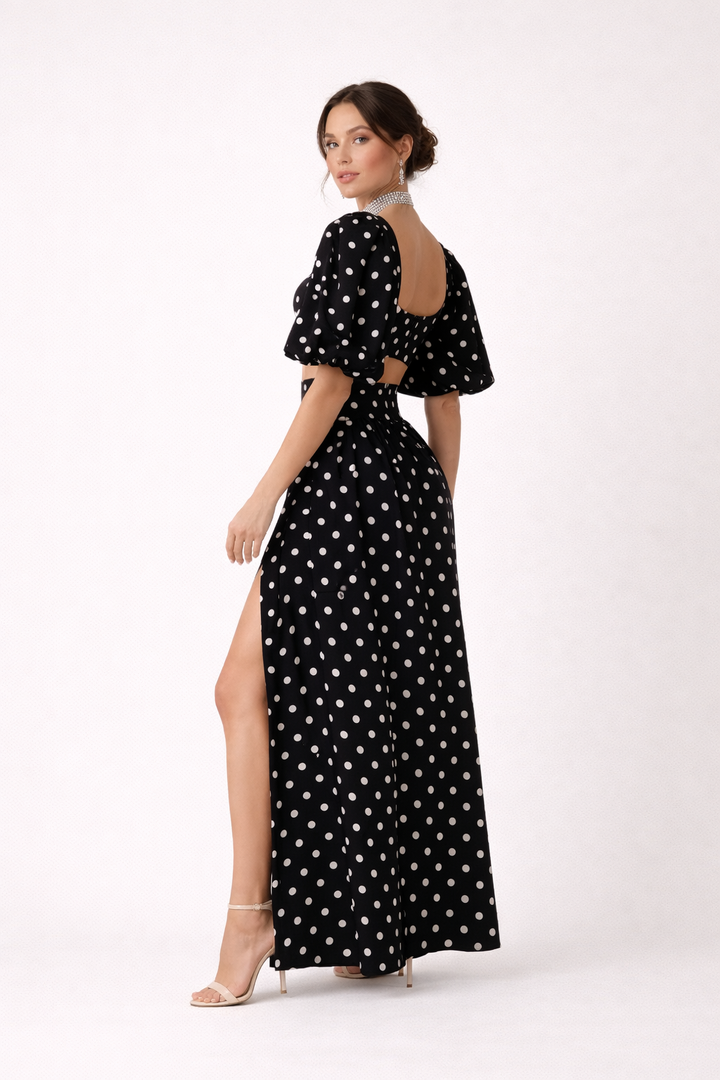 Ensemble top avec jupe maxi à manches bouffantes et imprimé à pois - Calista