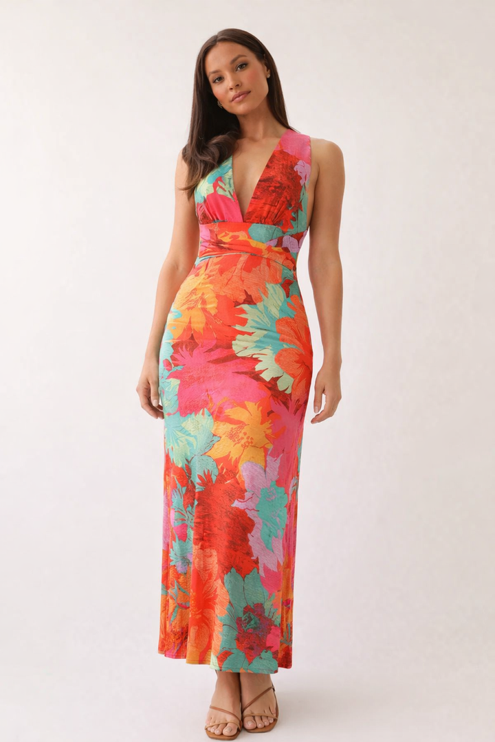 Robe longue à imprimé floral décolleté dos nu décolleté coupe cintrée style été - Zafira