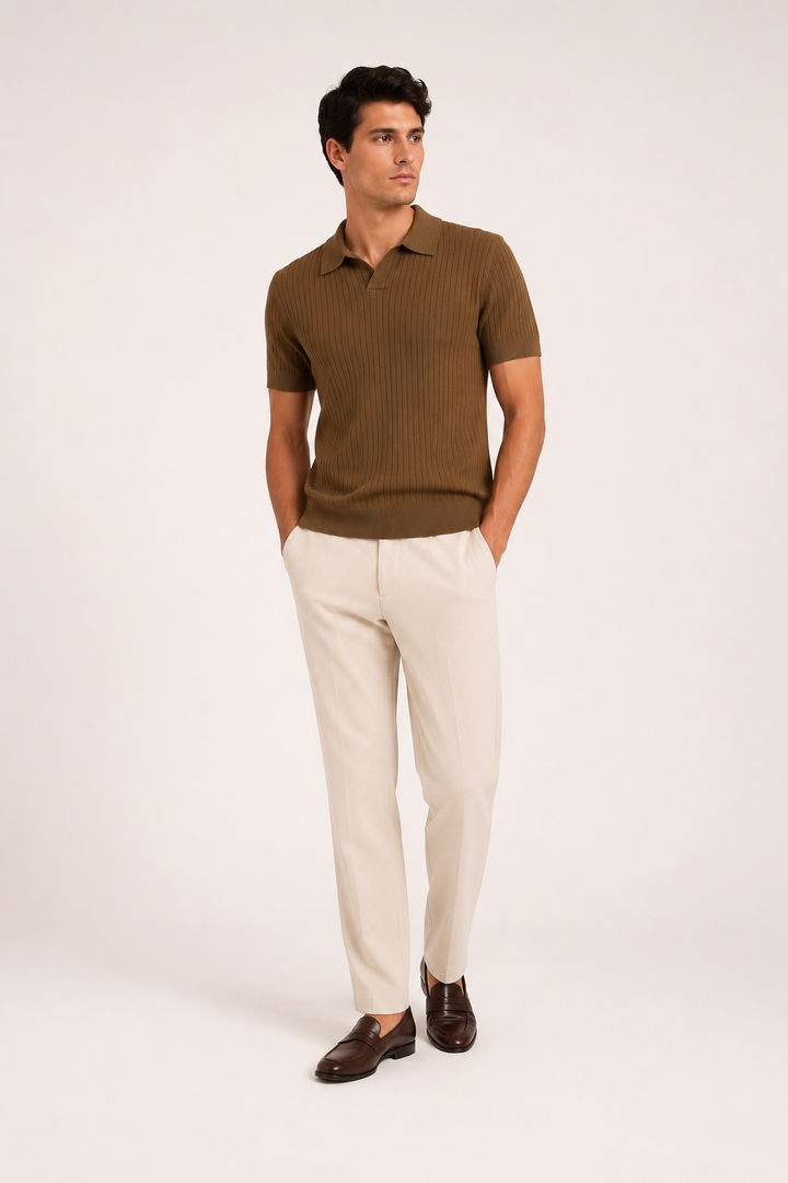 Polo en maille pour homme, manches courtes, col ouvert et col en côtes - Albert