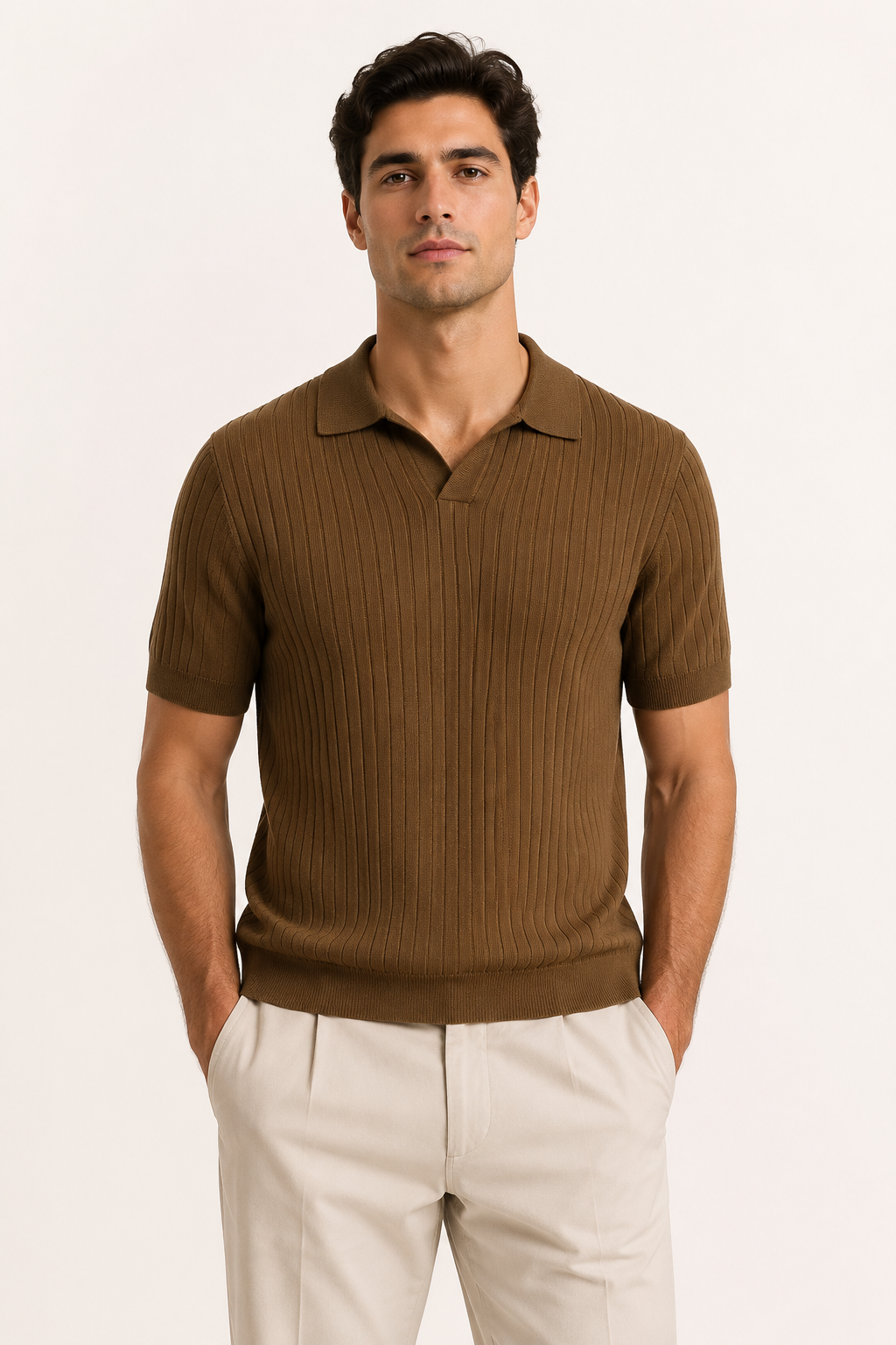 Polo en maille pour homme, manches courtes, col ouvert et col en côtes - Albert