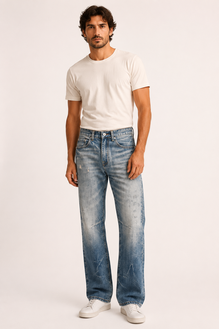 Jean homme à coupe droite, effet délavé et effiloché - Wigbert