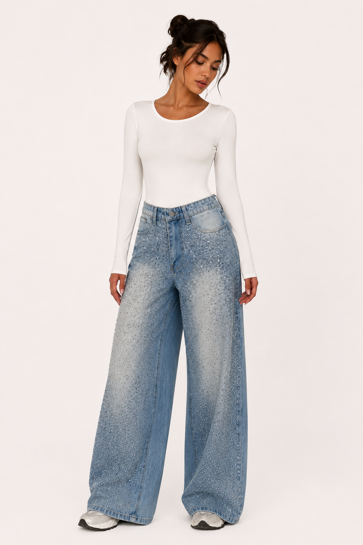 Jean pour femme à jambes larges et strass - Wellen