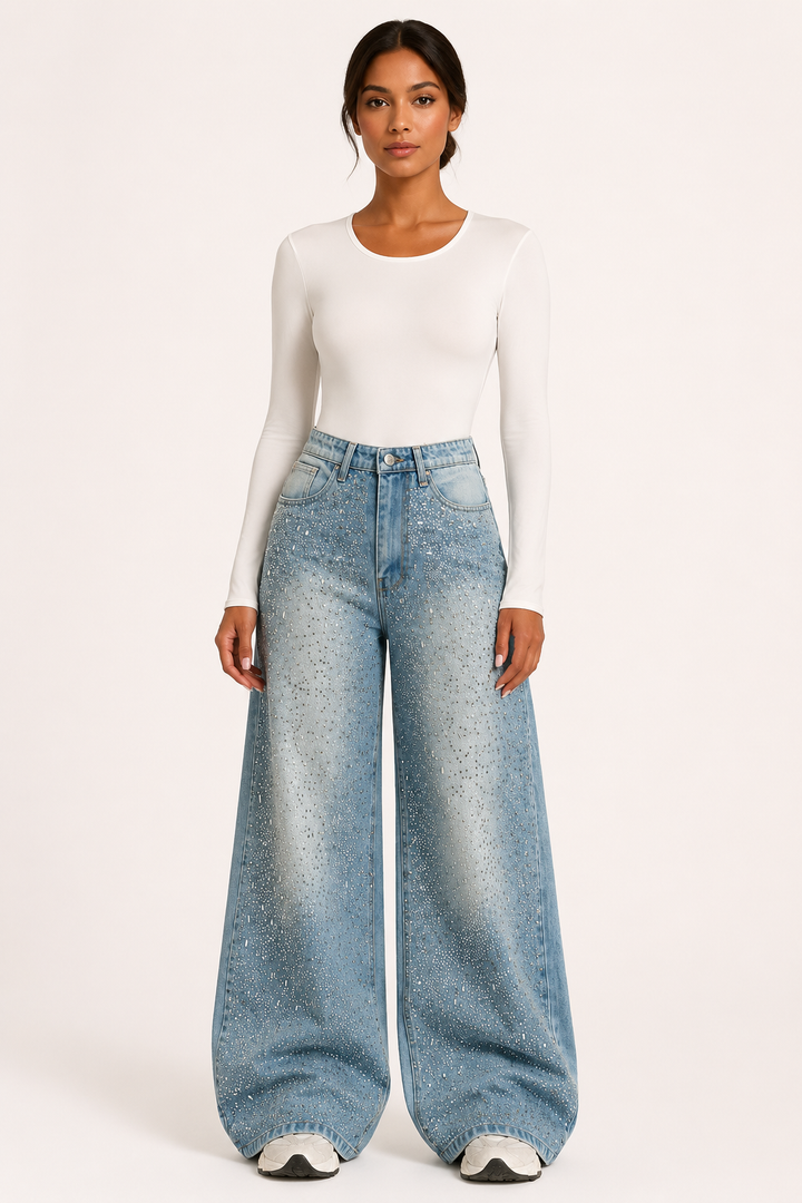 Jean pour femme à jambes larges et strass - Wellen