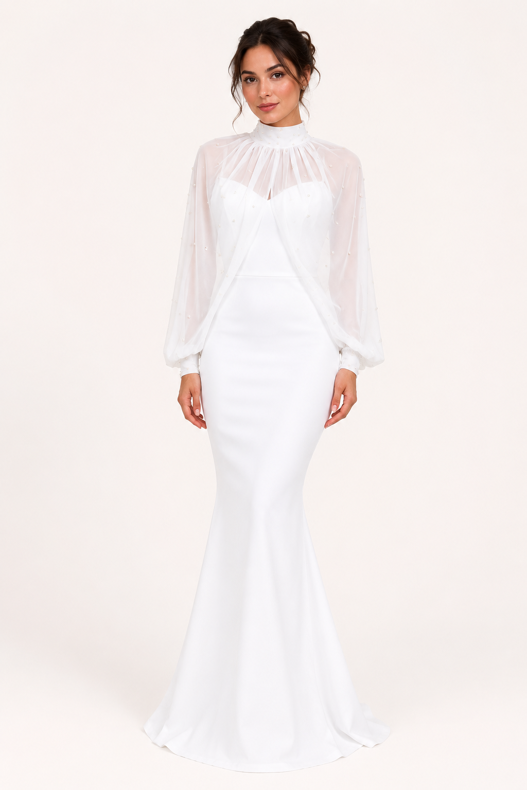 Robe longue deux pièces élégante à manches transparentes pour femme - Bleu ciel