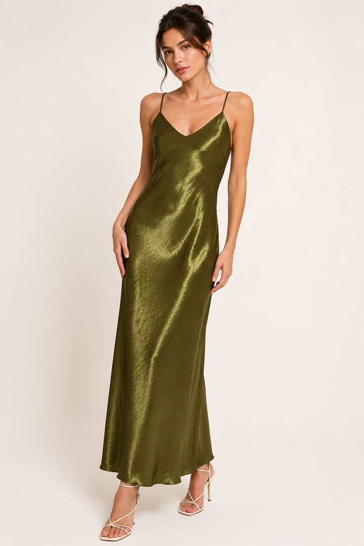 Robe midi lingerie satinée pour femme, décolleté en V - Leni