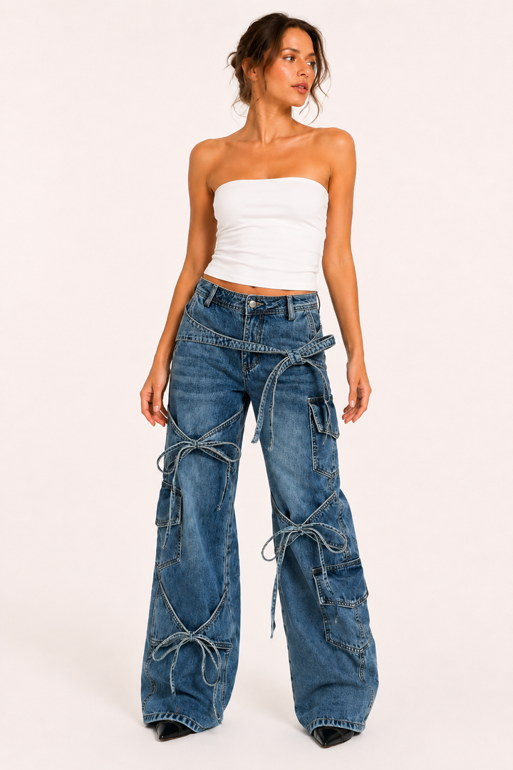 Jean cargo pour femme à jambes larges avec nœuds - Ida