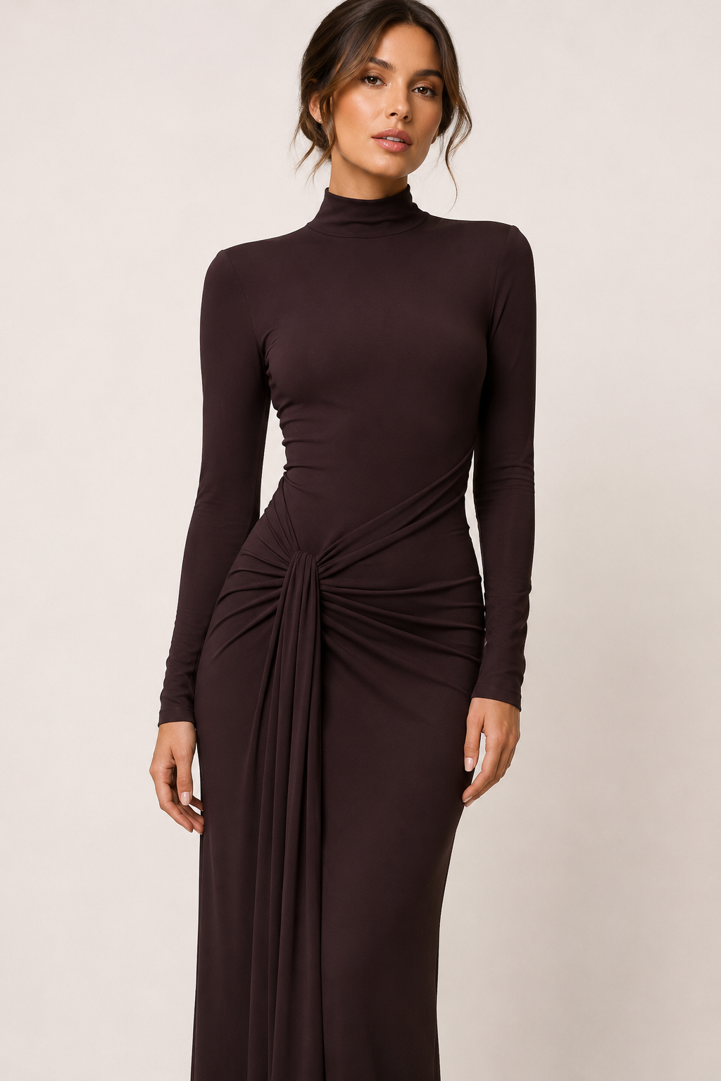 Robe longue à col montant drapée pour femme - Monik