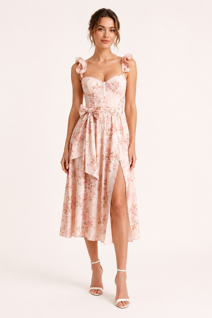 Robe midi femme imprimé floral corset fendu sur le côté - Käthe