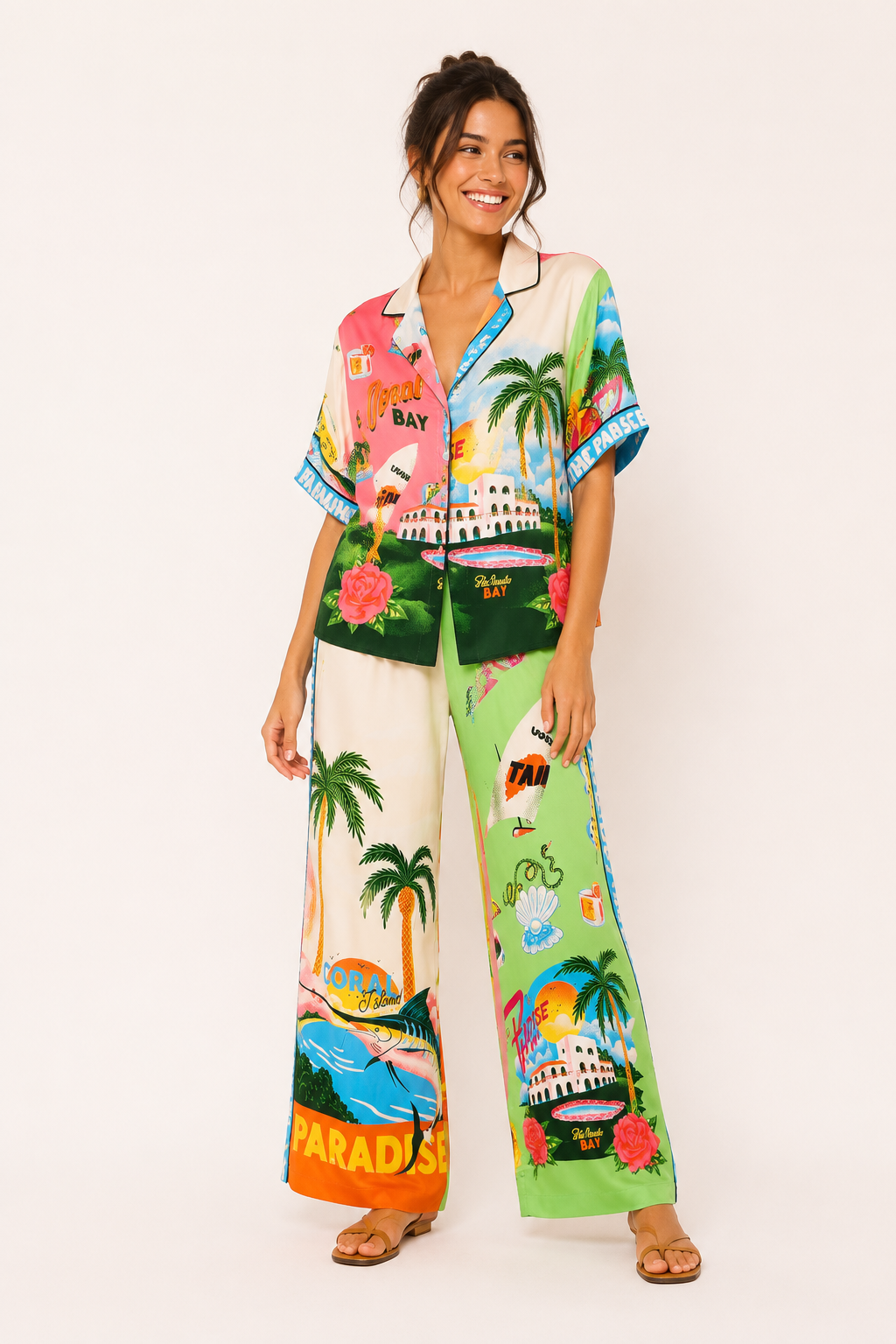 Ensemble pantalon large pour femme, imprimé tropical - Anika