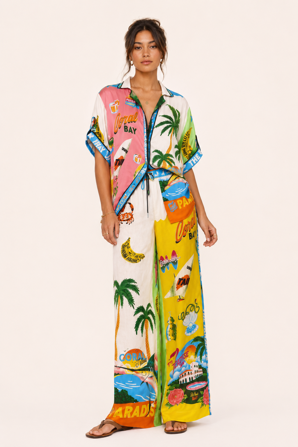 Ensemble pantalon large pour femme, imprimé tropical - Anika