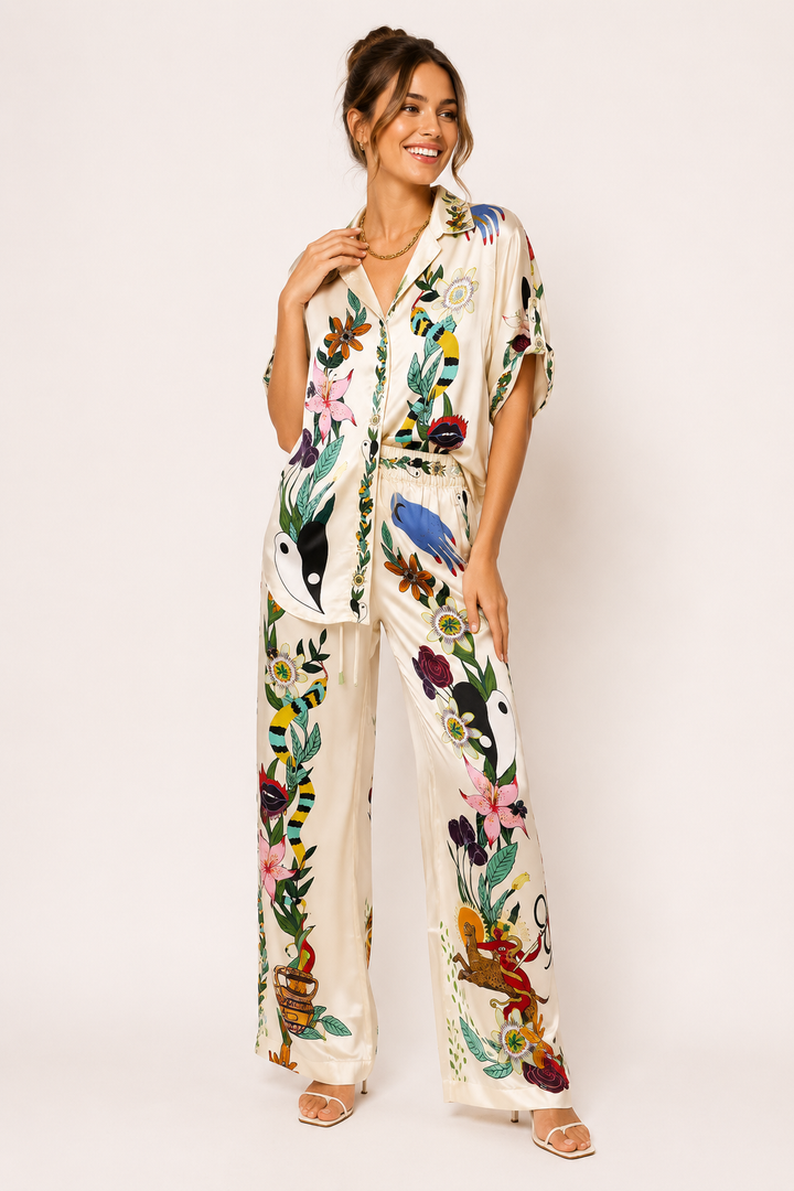Ensemble pantalon large pour femme, imprimé tropical - Anika