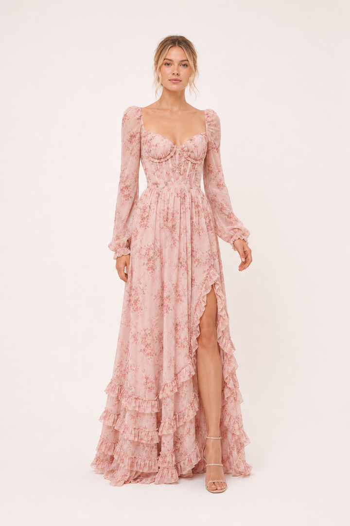 Robe à manches longues élégante et fleurie pour femmes - Romy