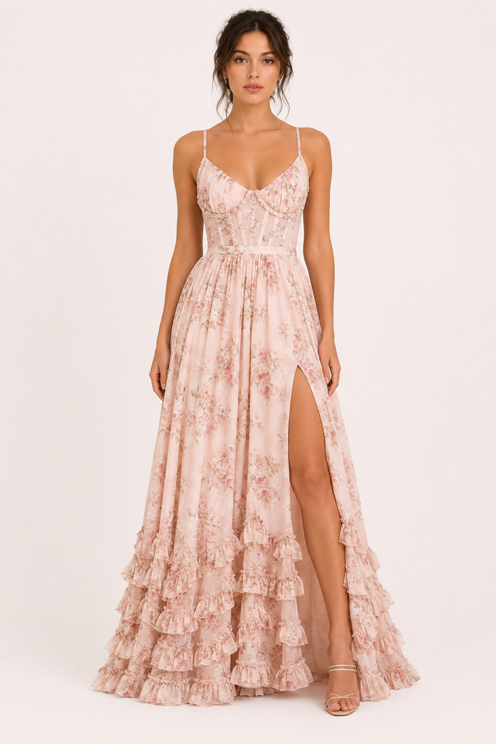 Longue robe de soirée élégante et fleurie - Elara