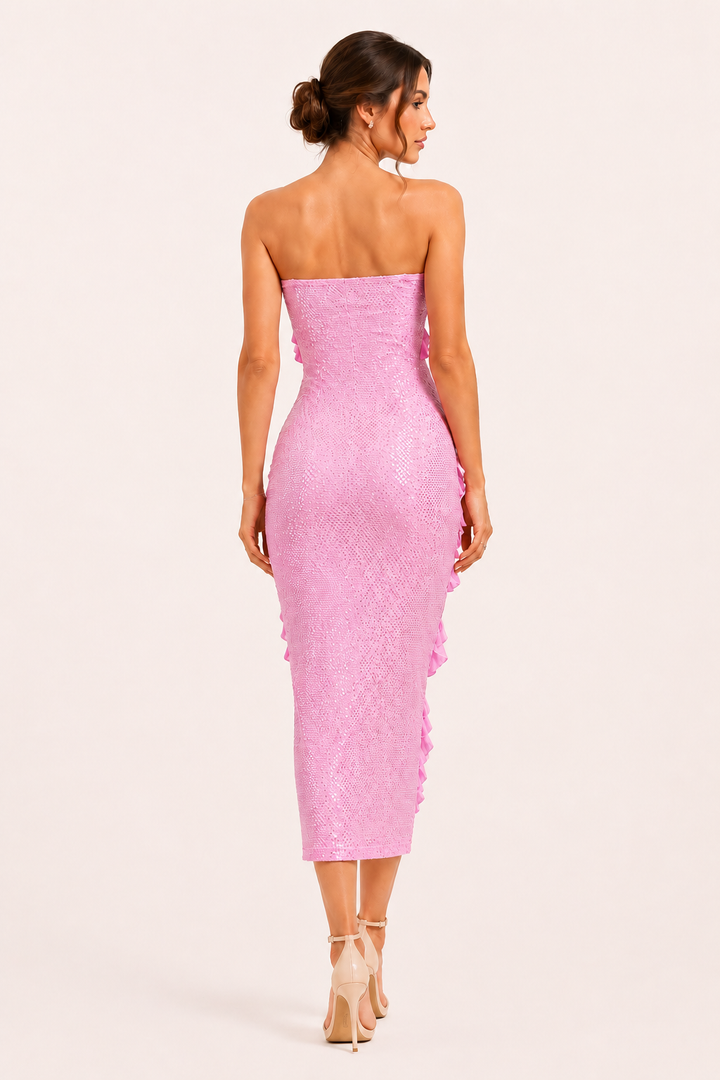 Robe midi sans bretelles à volants pour femme - Yina